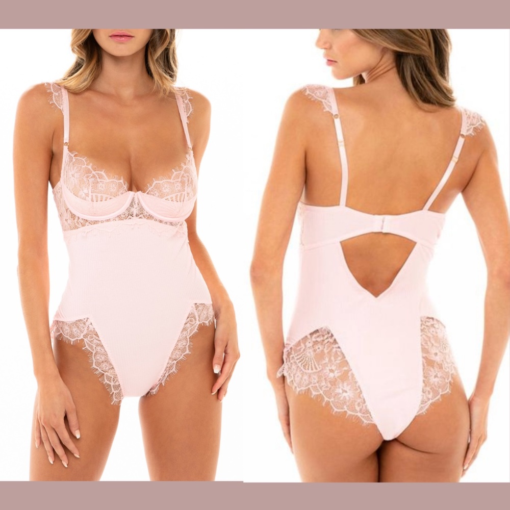 NWT OH LA LA CHERI [ XL ] Ribbed Lace‎ Trim Underwire Teddy in Crystal Rose Pink
